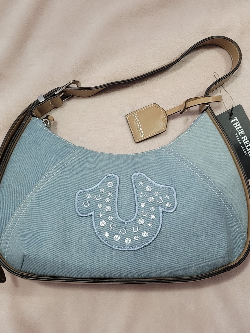True Religion Light Blue Denim Shoulder Bag with Studded Horseshoe